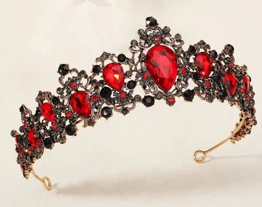 Goth Red Vintage Baroque Tiara Dark Black Crown Evil Queen diadem headdress jewelry bridal Halloween cosplay Wedding pageant royalty