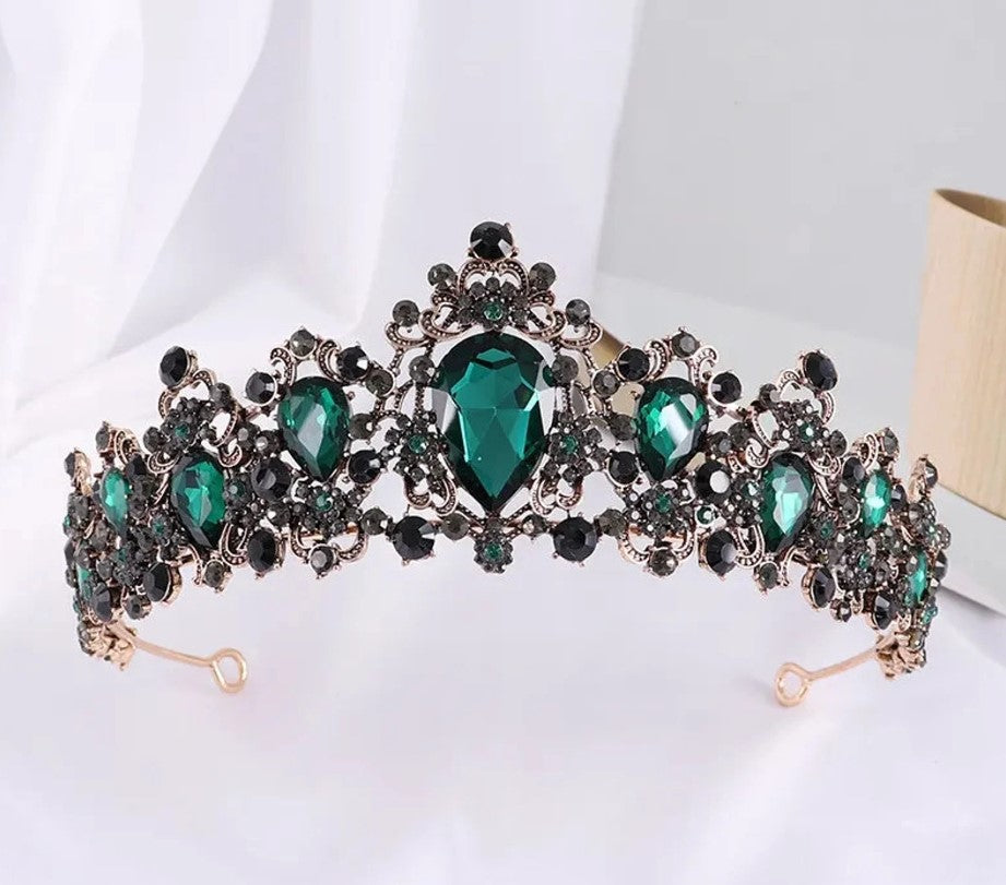 Vintage Baroque Crown Emerald Green Tiara Dark Goth Evil Queen diadem black bronze headdress jewelry bridal cosplay Wedding pageant royalty
