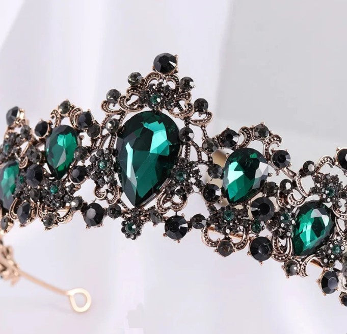 Vintage Baroque Crown Emerald Green Tiara Dark Goth Evil Queen diadem black bronze headdress jewelry bridal cosplay Wedding pageant royalty
