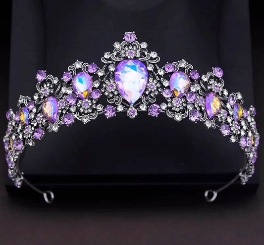 Vintage Silver Crystal Purple Tiara Crown Detailed Princess Queen headdress jewelry bridal Halloween cosplay diadem real metal