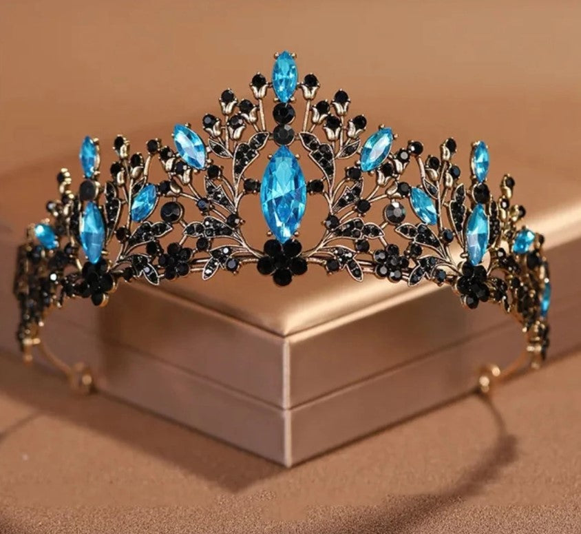 Goth Blue Aqua Tiara Black Crown Princess Queen bridal dark cosplay diadem wedding pageant