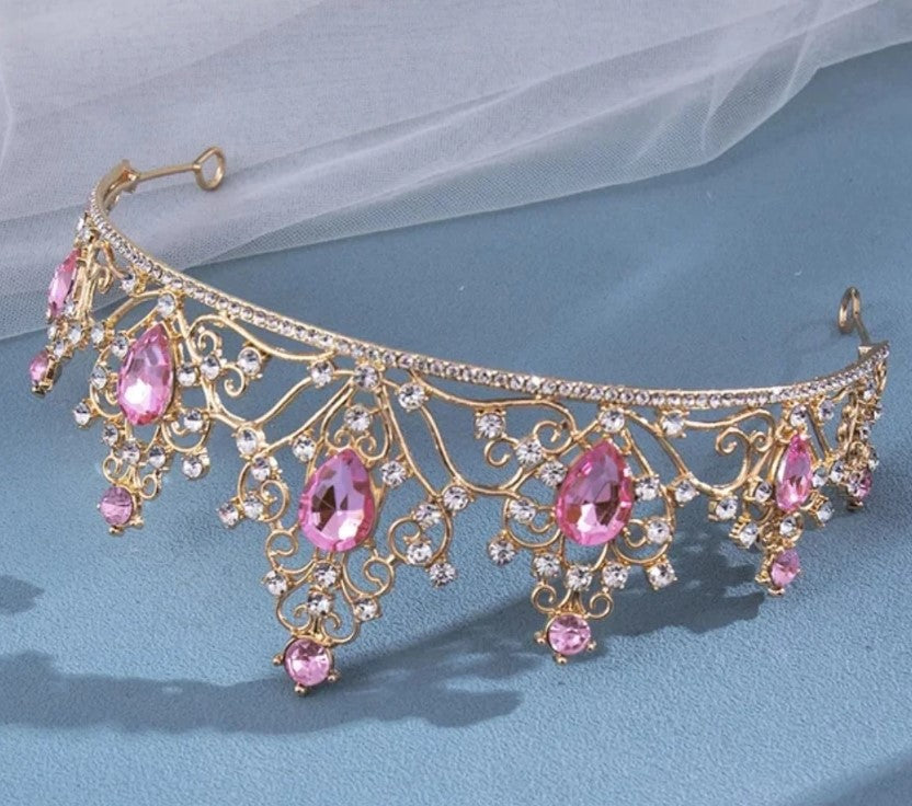 Pink Gold Princess Tiara Detailed Princess Queen bridal Halloween cosplay diadem 