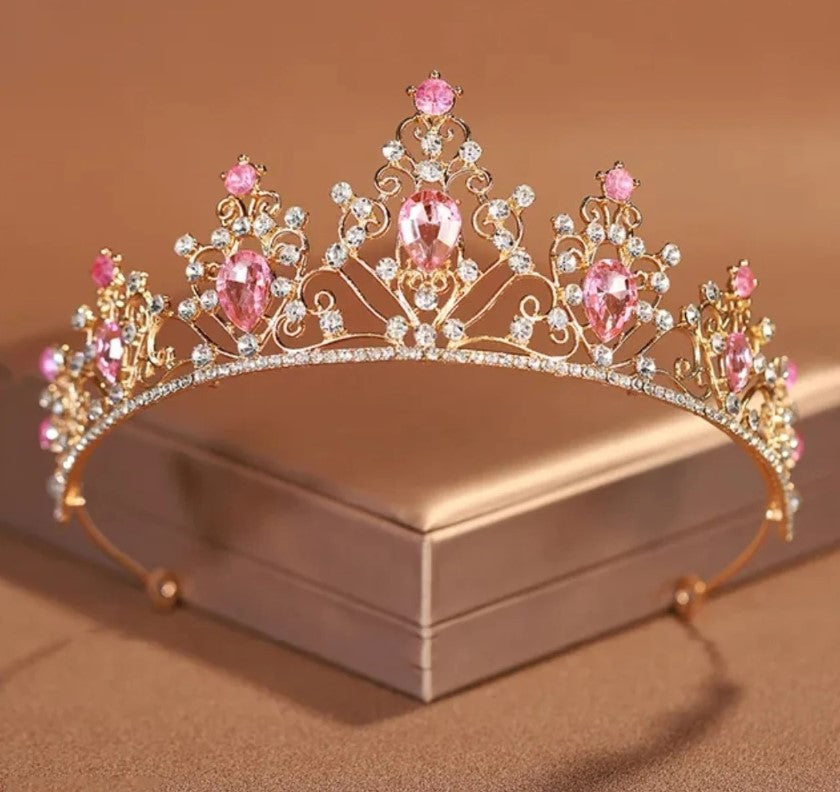 Pink Gold Princess Tiara Detailed Princess Queen bridal Halloween cosplay diadem 