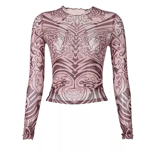 Kylie Inspired Mesh Top Tattoo Shirt long sleeve stretchy tribal mauve nude pink y2k