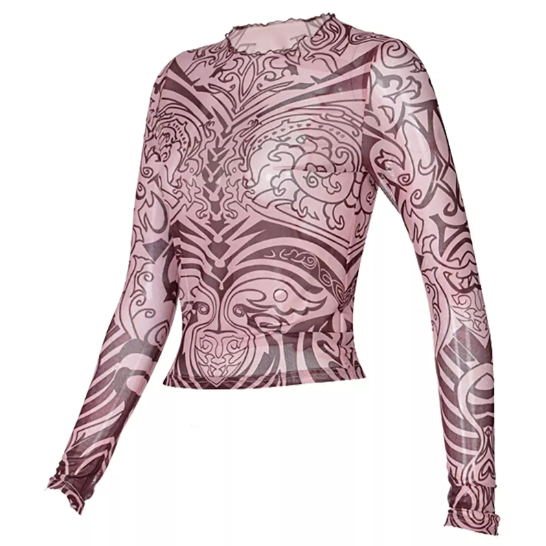 Kylie Inspired Mesh Top Tattoo Shirt long sleeve stretchy tribal mauve nude pink y2k