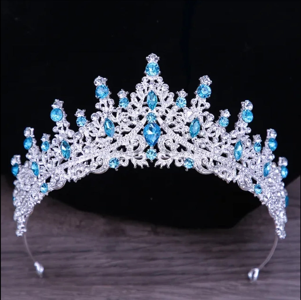 Aqua Blue Crystal Silver Tiara Crown Detail Princess Queen headdress jewelry bridal Halloween cosplay diadem spike wedding pageant