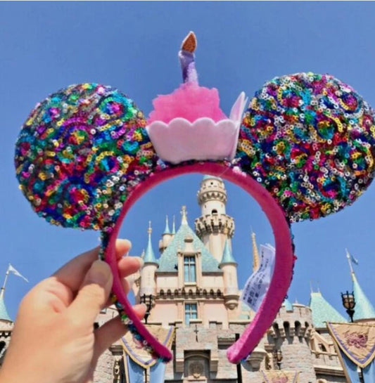 Disney Parks Happy Birthday Minnie Mickey Ears Cupcake Cake Sequined Headband
