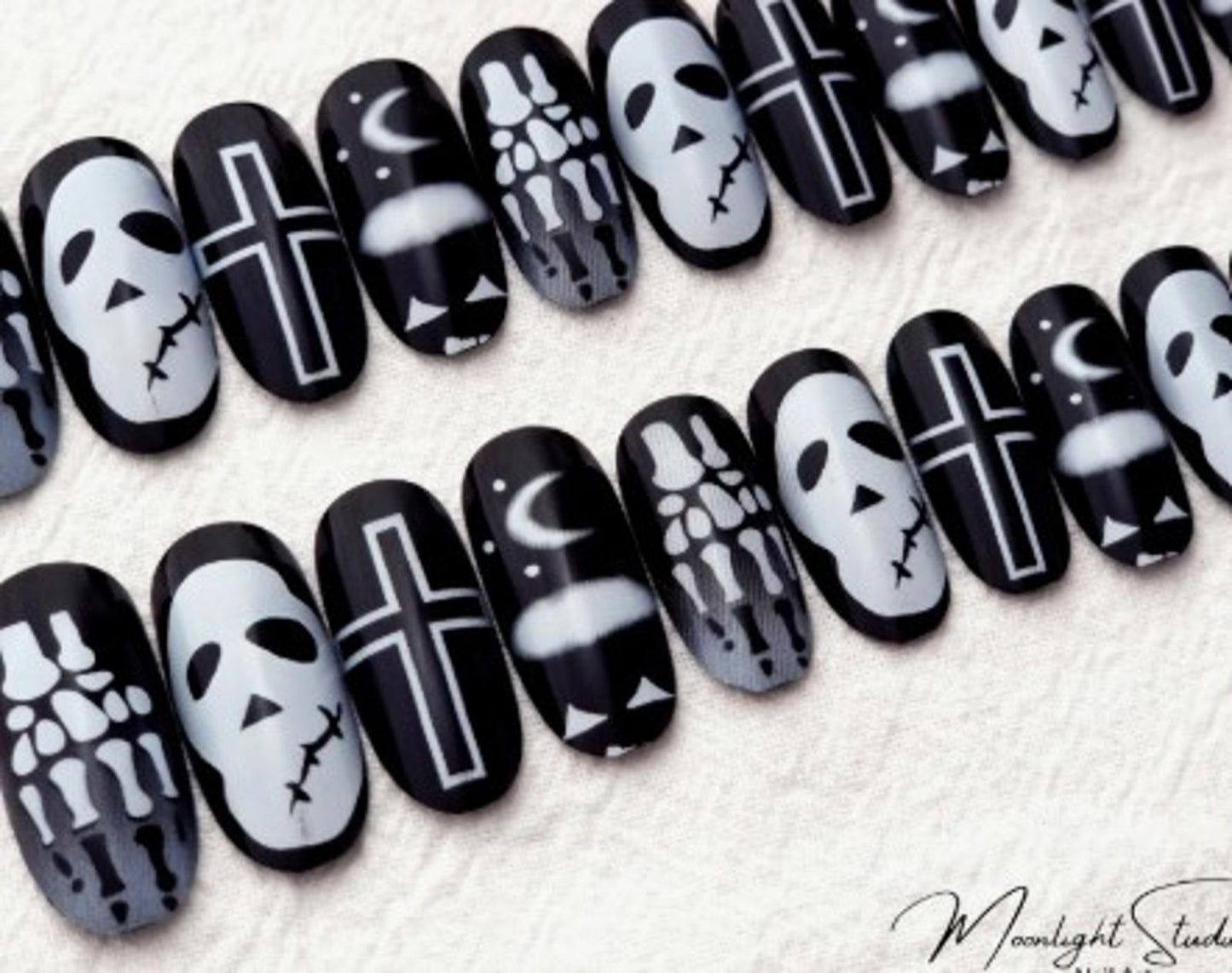24 Black and White Skull Press on nails kit w glue goth skeleton misfit