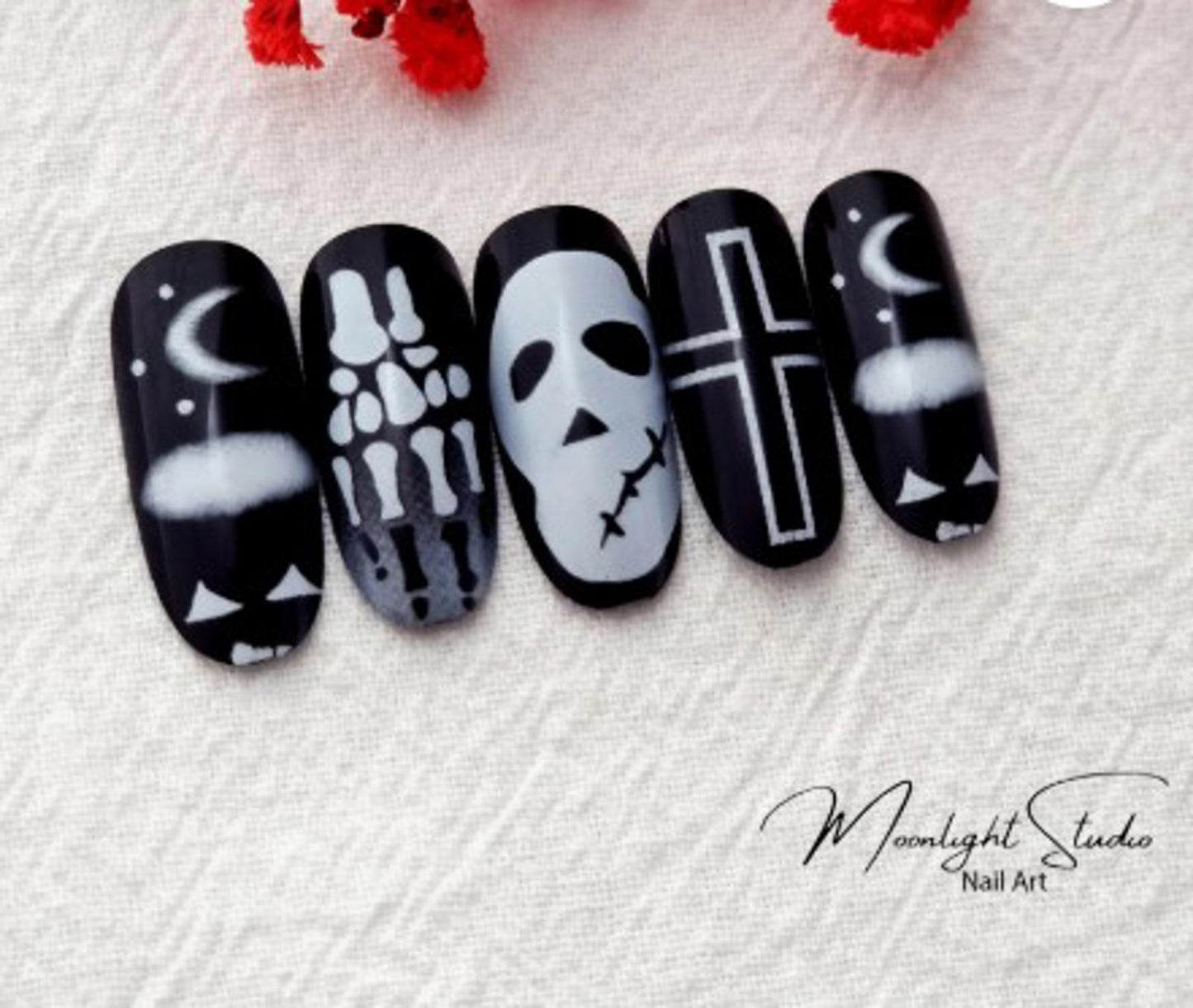 24 Black and White Skull Press on nails kit w glue goth skeleton misfit