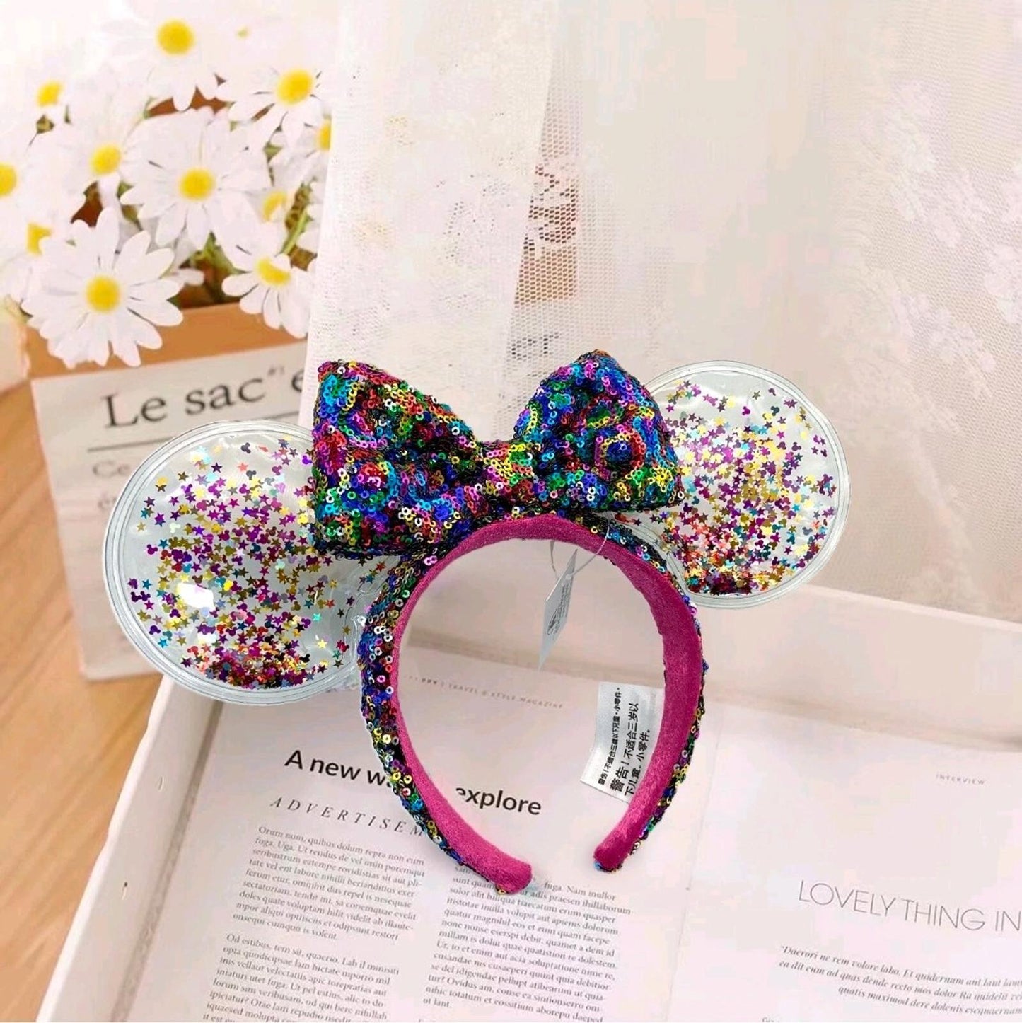 Disney Parks Bow Rainbow Confetti Sequin Minnie Mouse Ears Headband Clear
