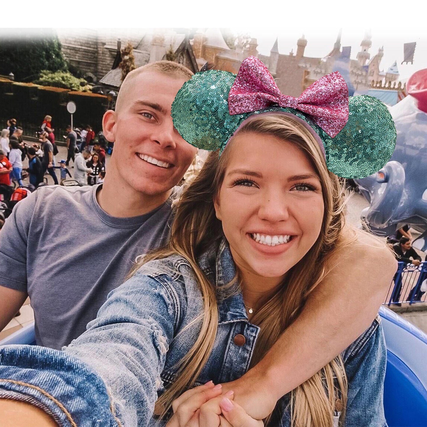 Pink Sugar Rush Bow Green Sequin Minnie Mouse Ears Glitter Headband