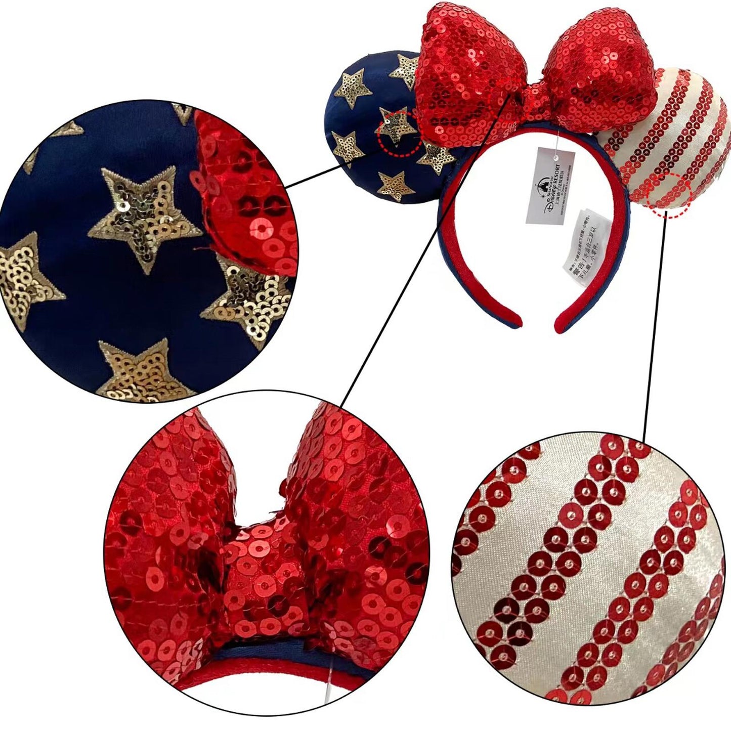 Disney Parks Bow Minnie Ears Stars USA Flag Sequins Mickey Mouse Headband 2022