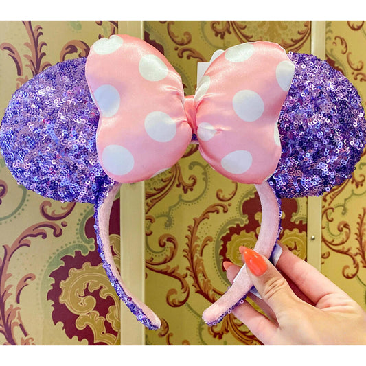 Purple Sequin Pink Polka Dot Bow Minnie Mickey Mouse Ears