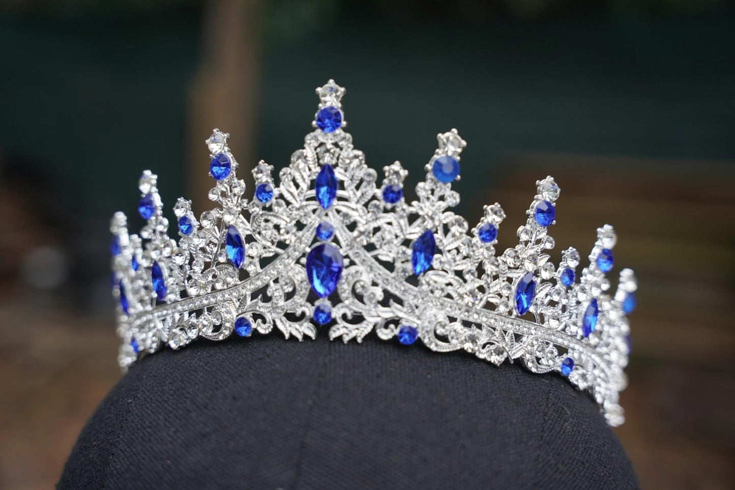 Royal Blue Crystal Tiara Bridal Silver Crown Birthday Wedding Gift Diadem