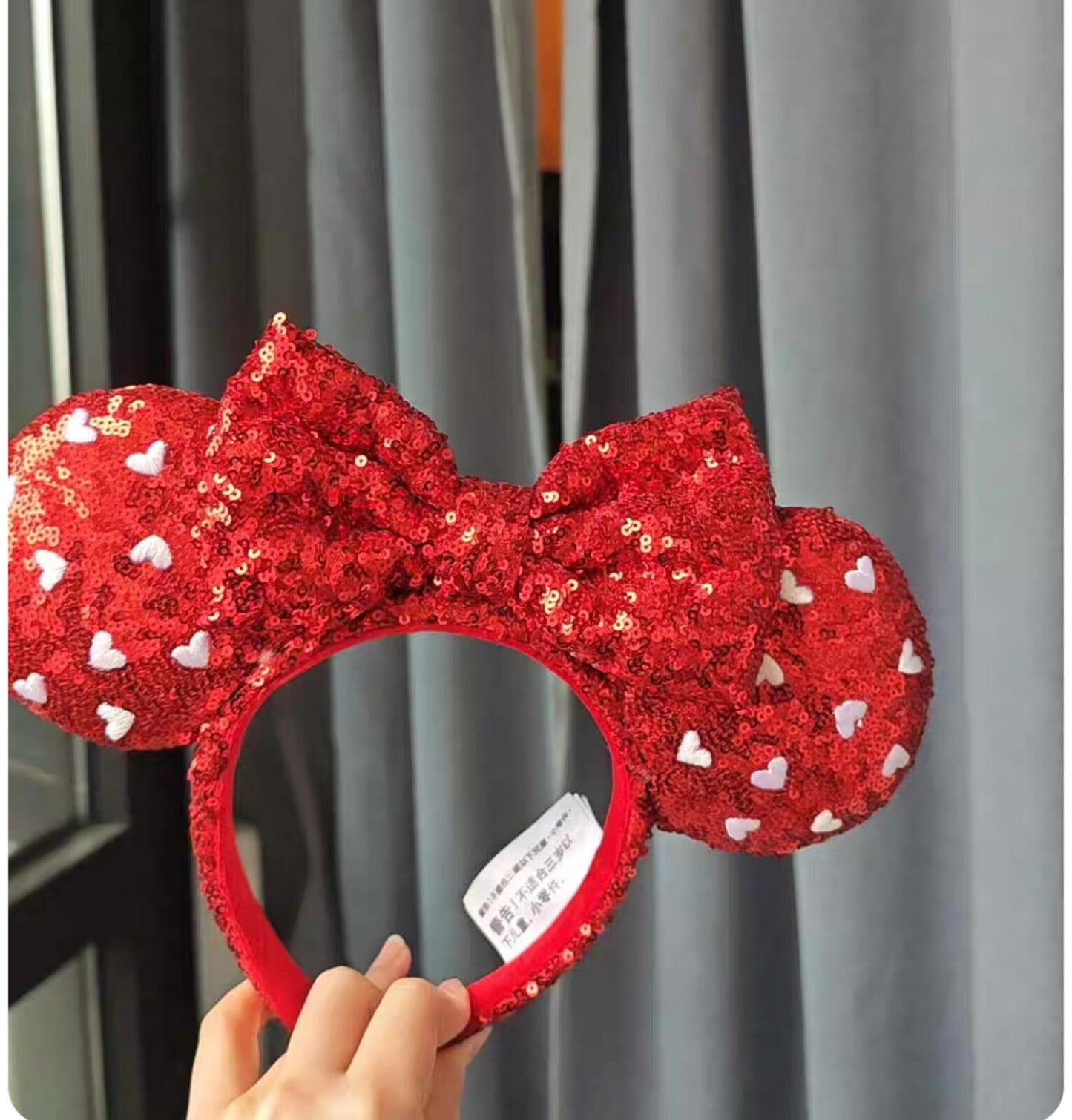 Disney Parks Red Heart Sequin Bow Valentine's Day Mickey Minnie Ears Headband