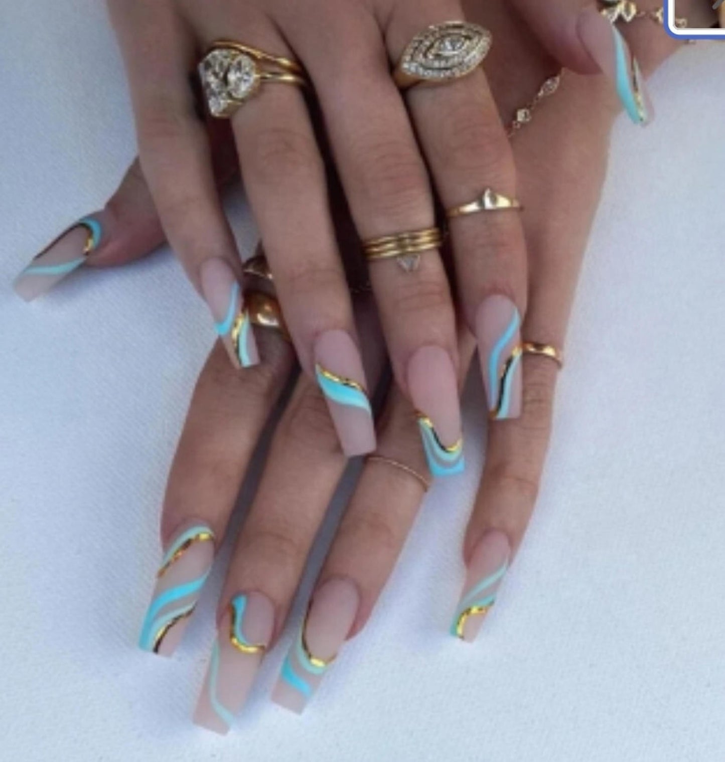 24 Press on nails Kit w Glue Matte turquoise nude greek goddess gold extra long