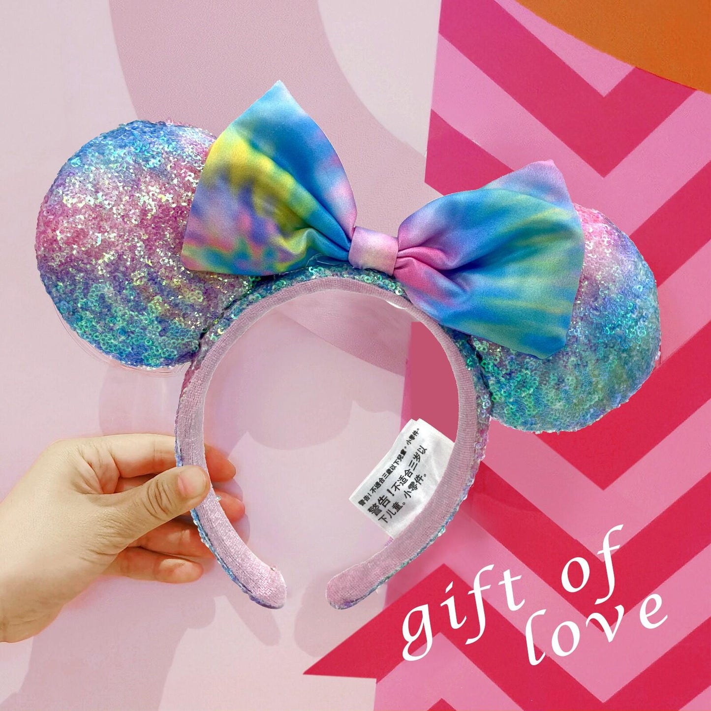 Disney Parks Tie Dye Pastel Ears Headband Pink Blue Gradient Sequin Bow