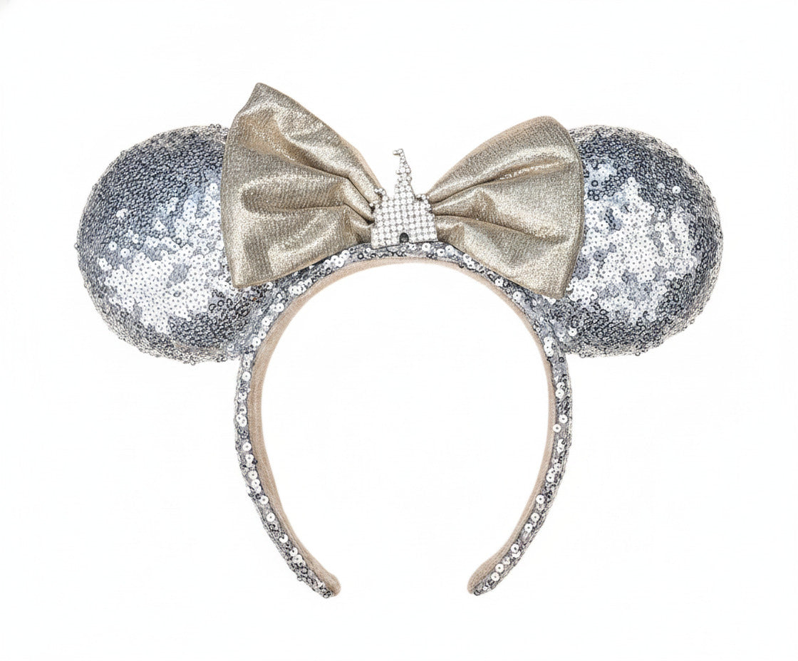 Disney Inspired Minnie Mouse Castle Ears Headband Silver Sequined Metallic Bow