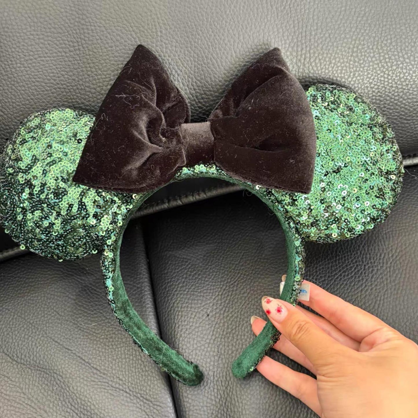 Disney Parks Green Sequins Exclusive Tokyo TDR Ears Headband Black Bow