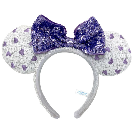 Disney Purple Heart White Sequin Minnie Mickey Mouse Ear Bow Headband