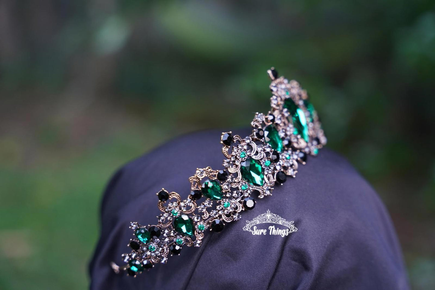 Sultry Vintage Emerald Green Crystal Tiara Bridal Goth Bronze Gift Diadem