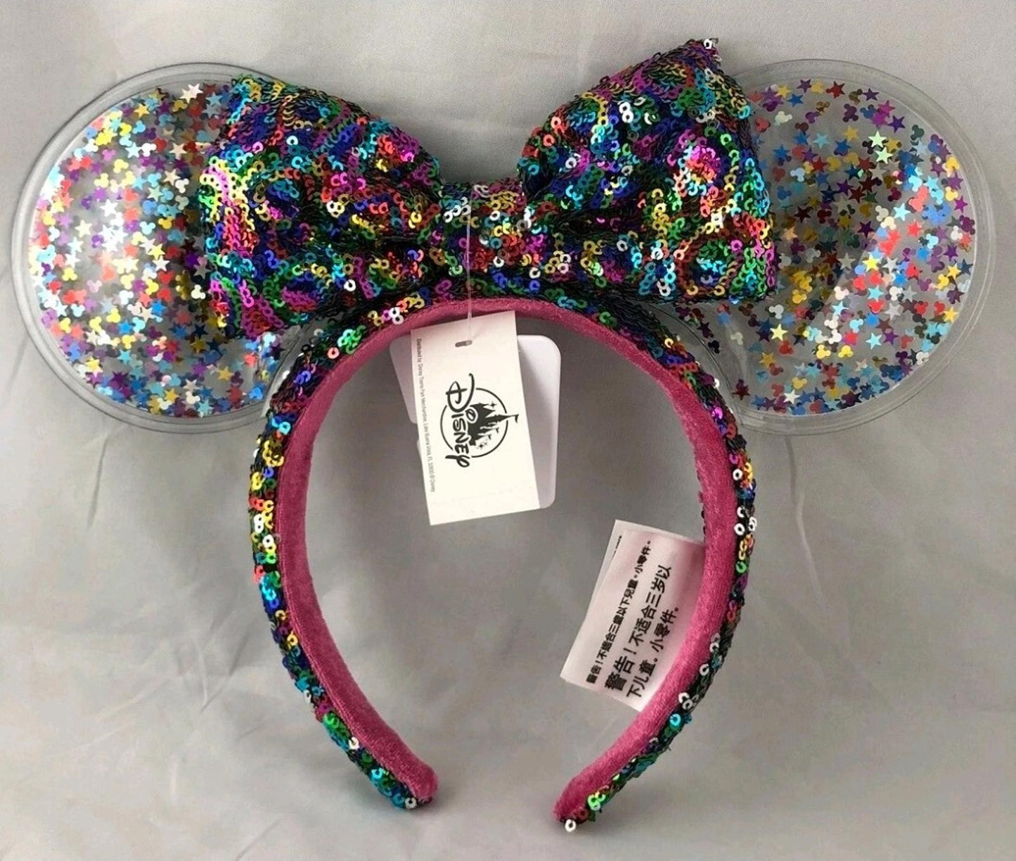 Disney Parks Bow Rainbow Confetti Sequin Minnie Mouse Ears Headband Clear
