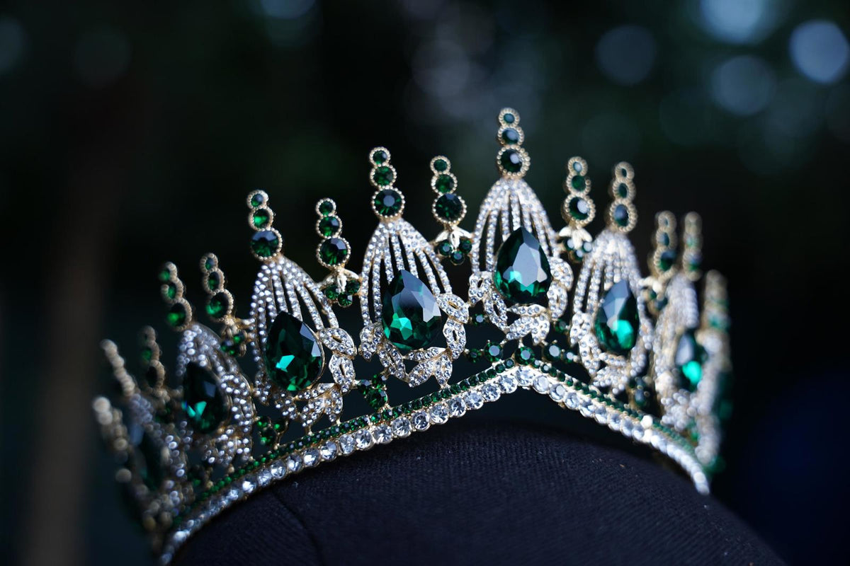 Gold Emerald Green Crystal Tiara Bridal Crown Birthday Wedding Gift Diadem Fan