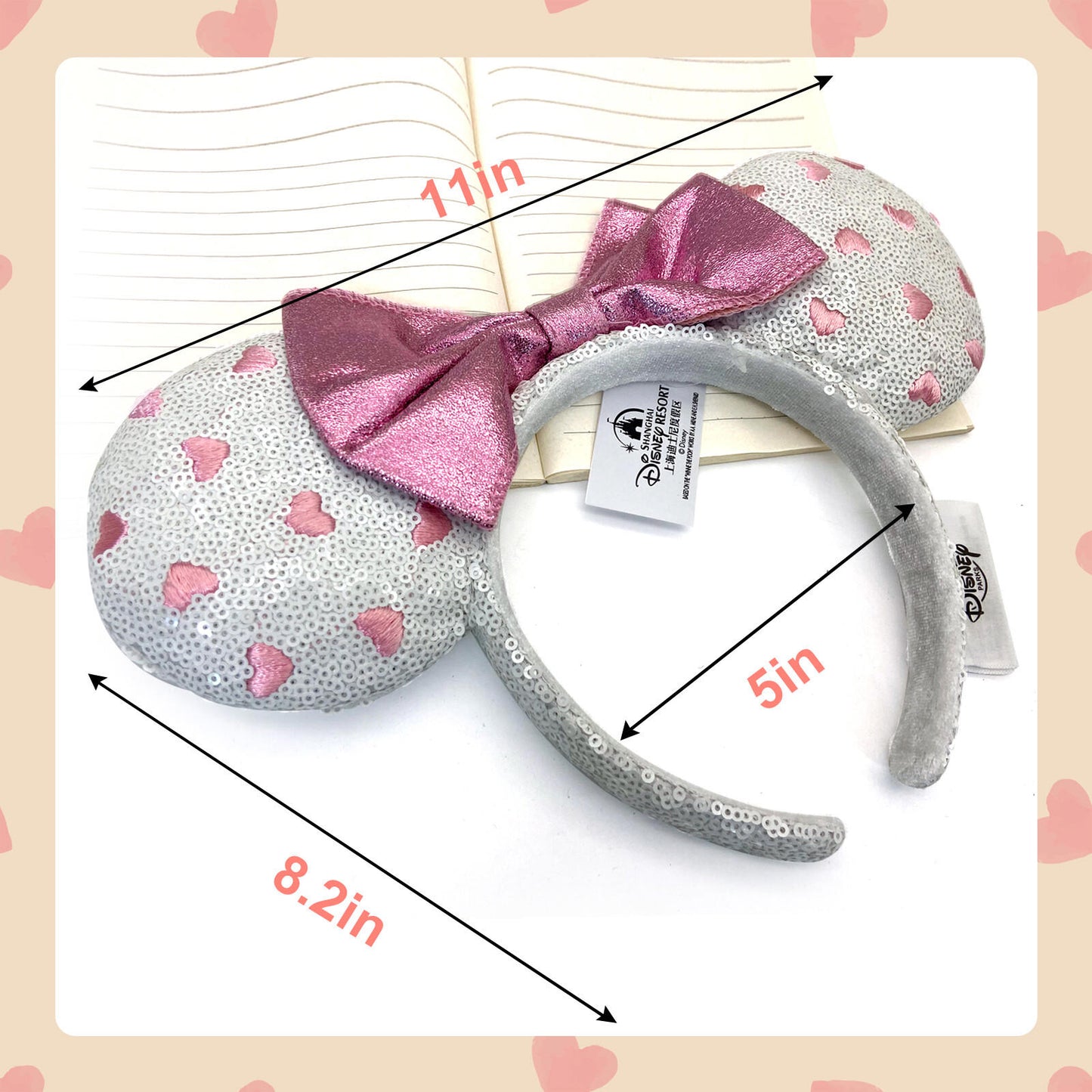 Pink Bow Disney Parks Minnie Mouse Ears White Sequin Pink Heart Headband