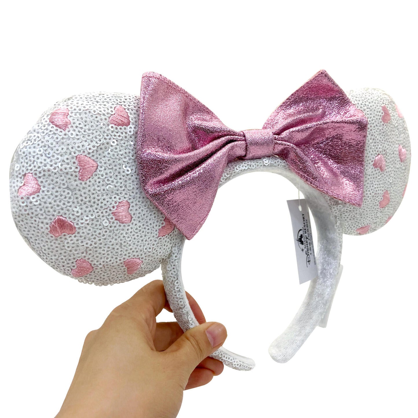 Pink Bow Disney Parks Minnie Mouse Ears White Sequin Pink Heart Headband