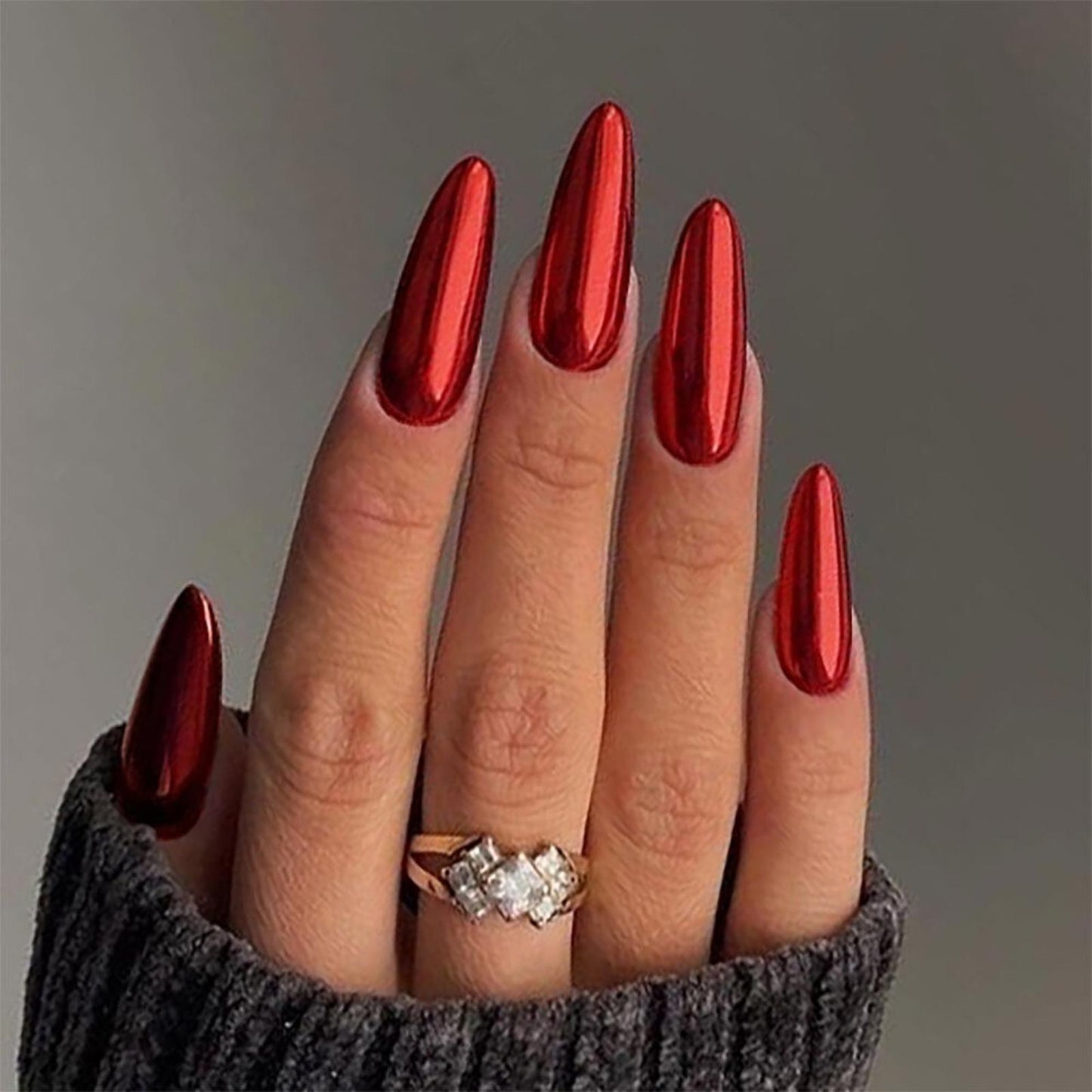 24 Red Chrome Press On Nails Kit with glue Medium Almond Metallic Mirror