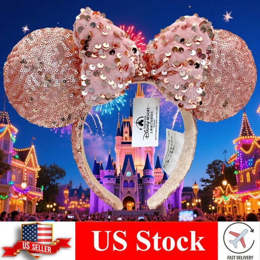 Puffy Rose Gold Sequin Minnie Mouse Ears Headband Bow