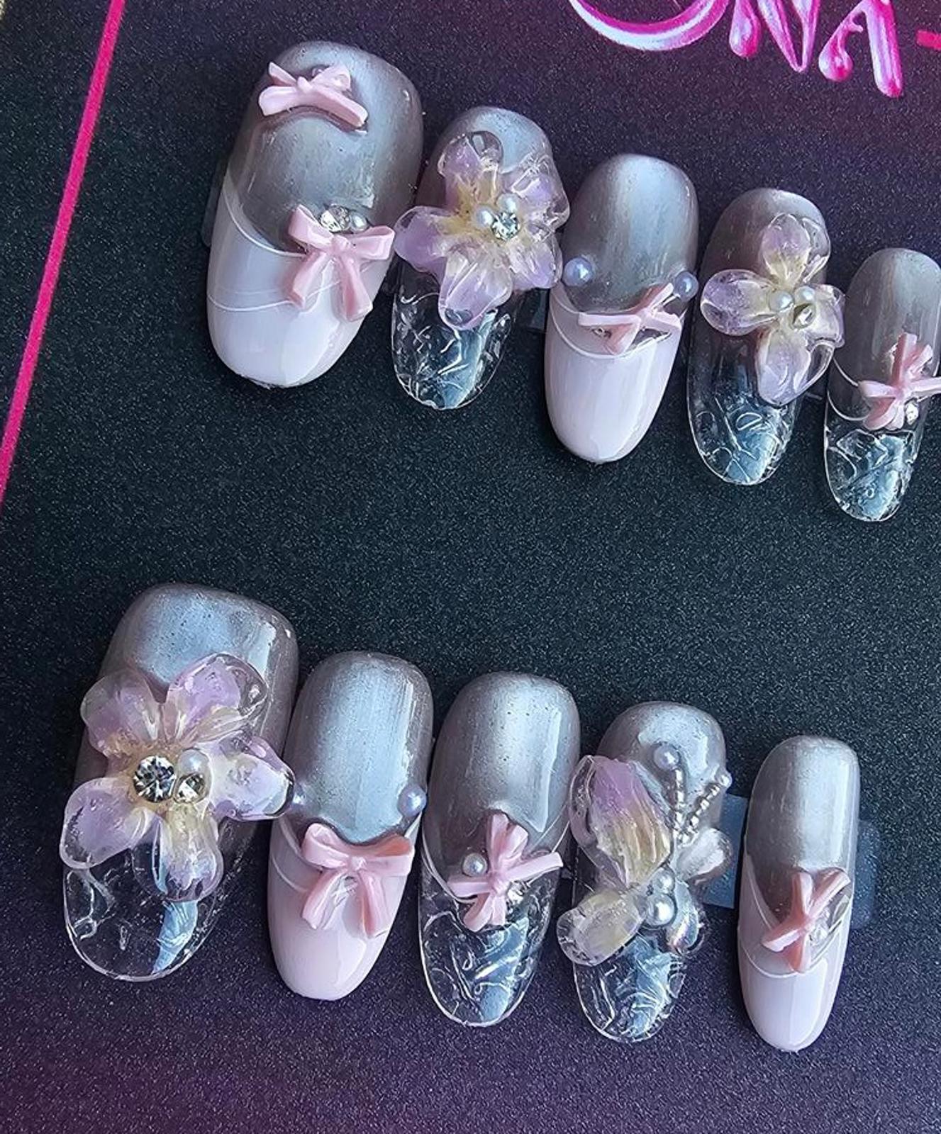 Handmade Pink Bow Ballerina Press on Nails kit with glue size Medium