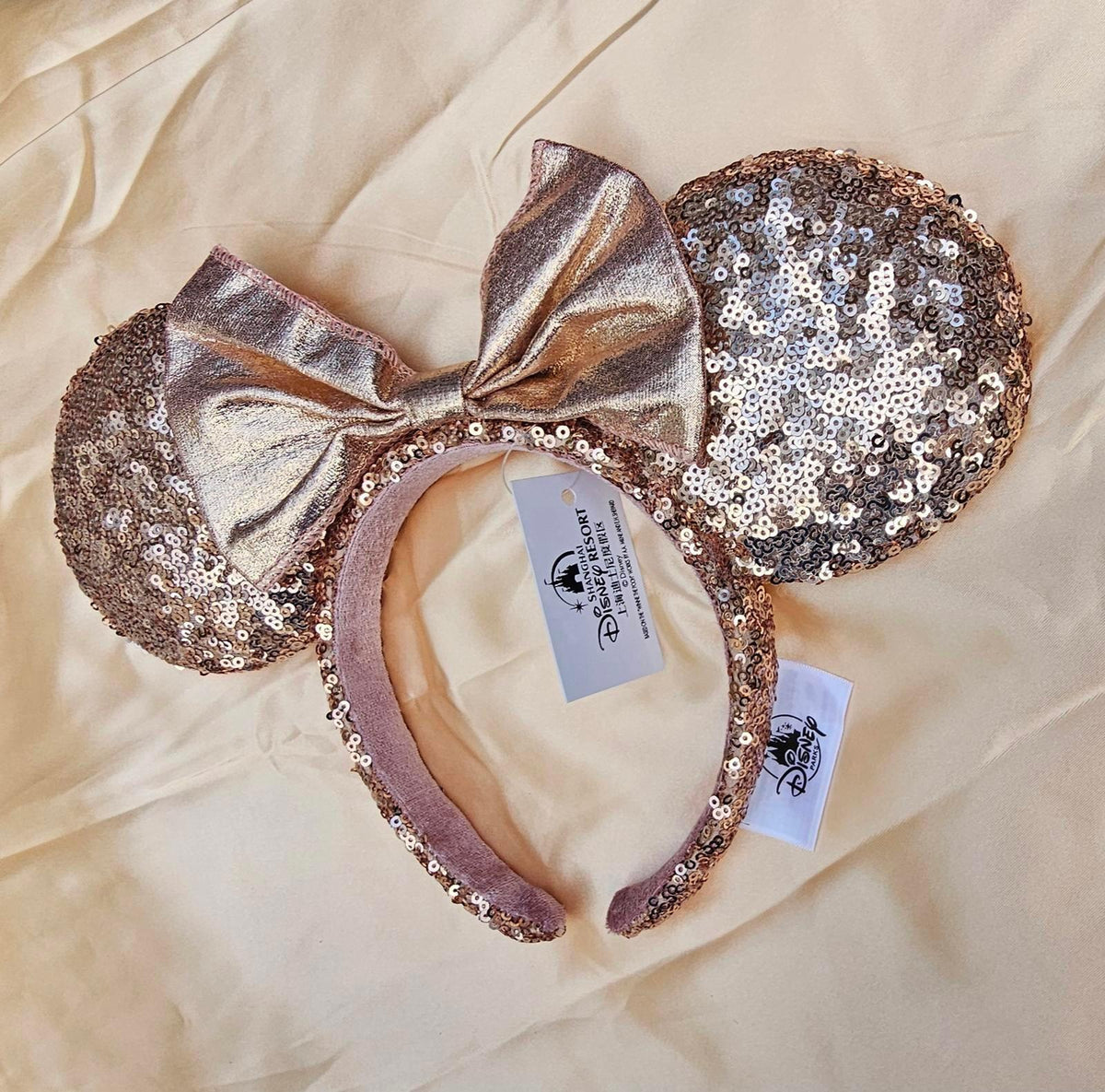 Rose Gold Sequin Bow Minnie Ears Headband Sparkly Bling NWT
