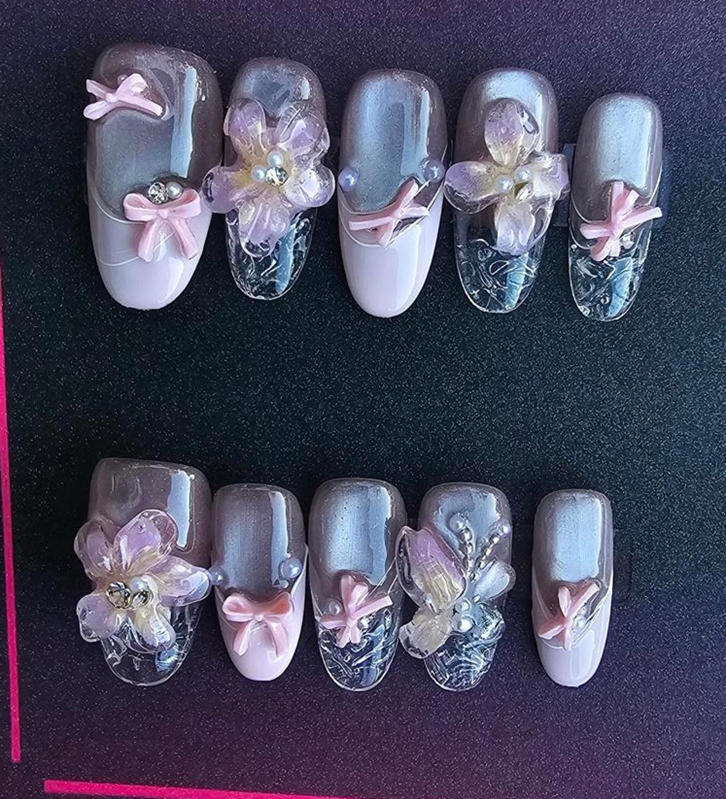 Handmade Pink Bow Ballerina Press on Nails kit with glue size Medium