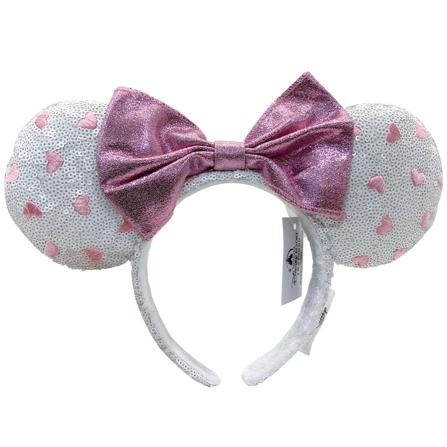 Pink Bow Disney Parks Minnie Mouse Ears White Sequin Pink Heart Headband