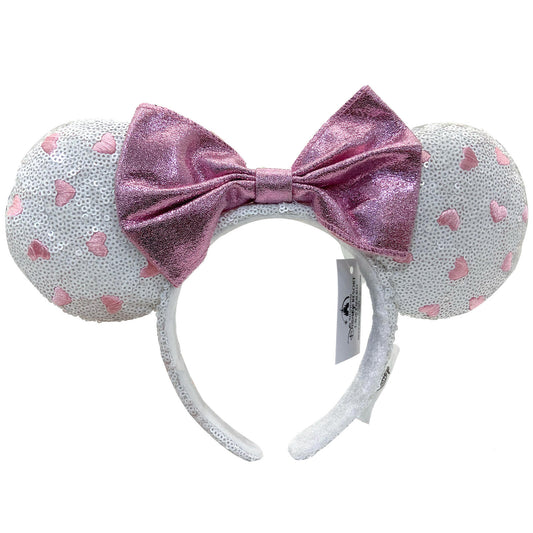 Pink Bow Disney Parks Minnie Mouse Ears White Sequin Pink Heart Headband