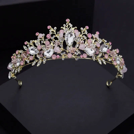 Pink Gold Tiara Crown Detailed Crystal peach Princess Queen jewelry 