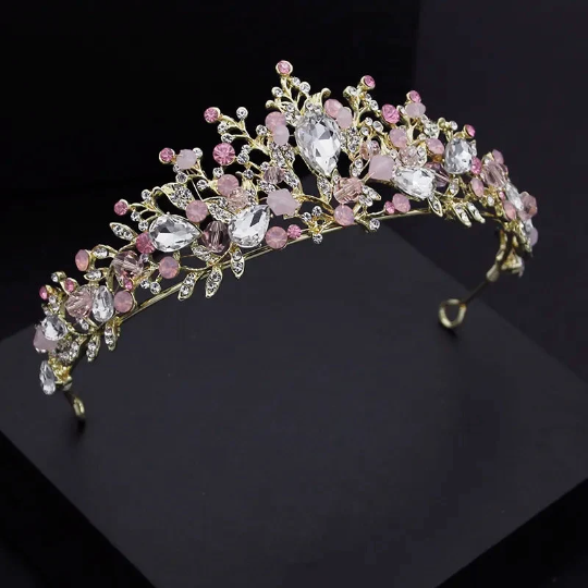 Pink Gold Tiara Crown Detailed Crystal peach Princess Queen jewelry bridal Halloween cosplay diadem wedding