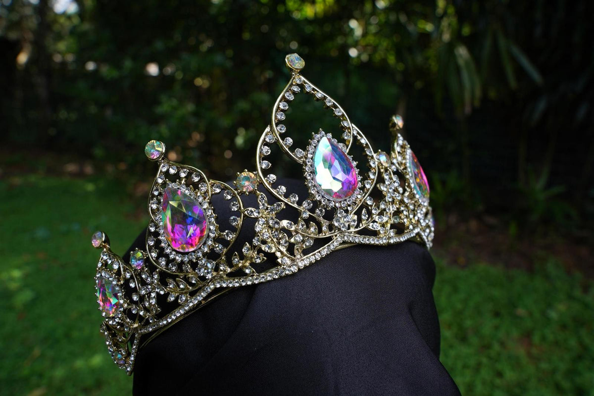 Holographic Crystal Tiara Bridal Crown Birthday Wedding Gift Diadem Gold pink