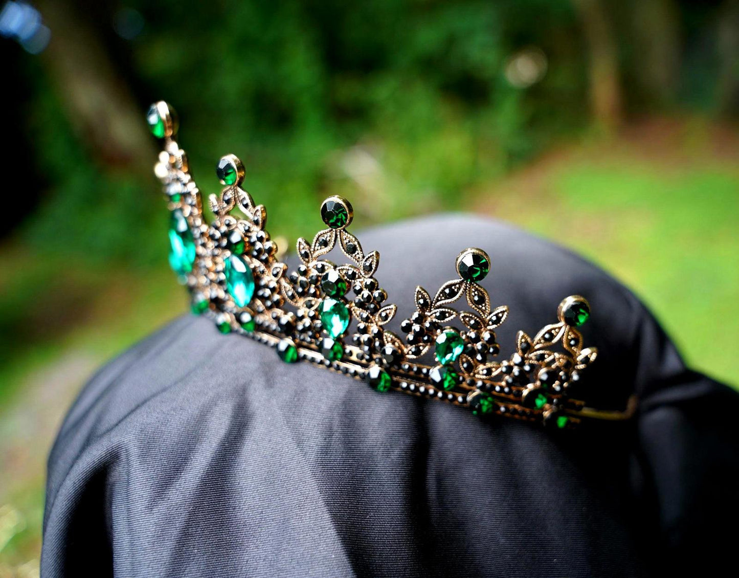 Green Crystal Tiara Bridal Goth Black Crown Birthday Wedding Gift Diadem Vintage