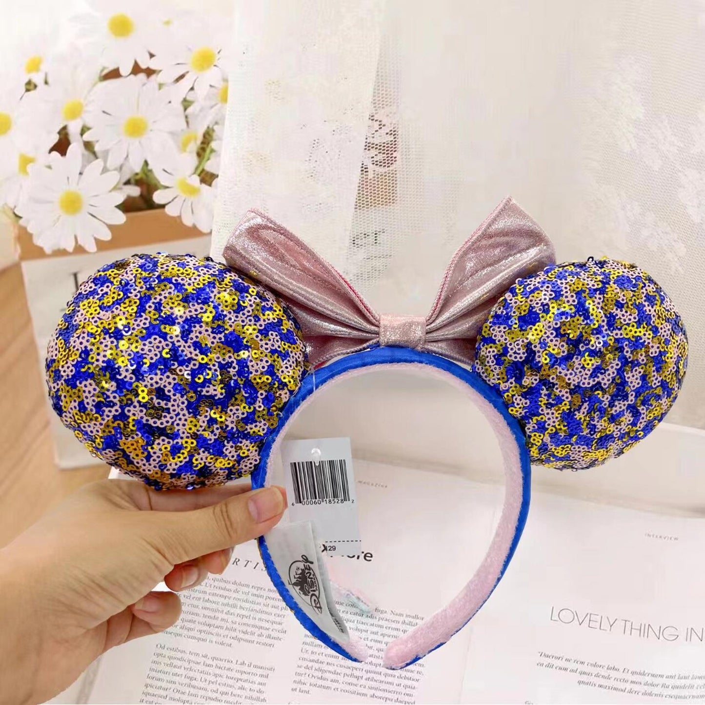 Disney Parks Disneyland Resorts Minnie Mouse Blue Pink Sequin Ears Headband