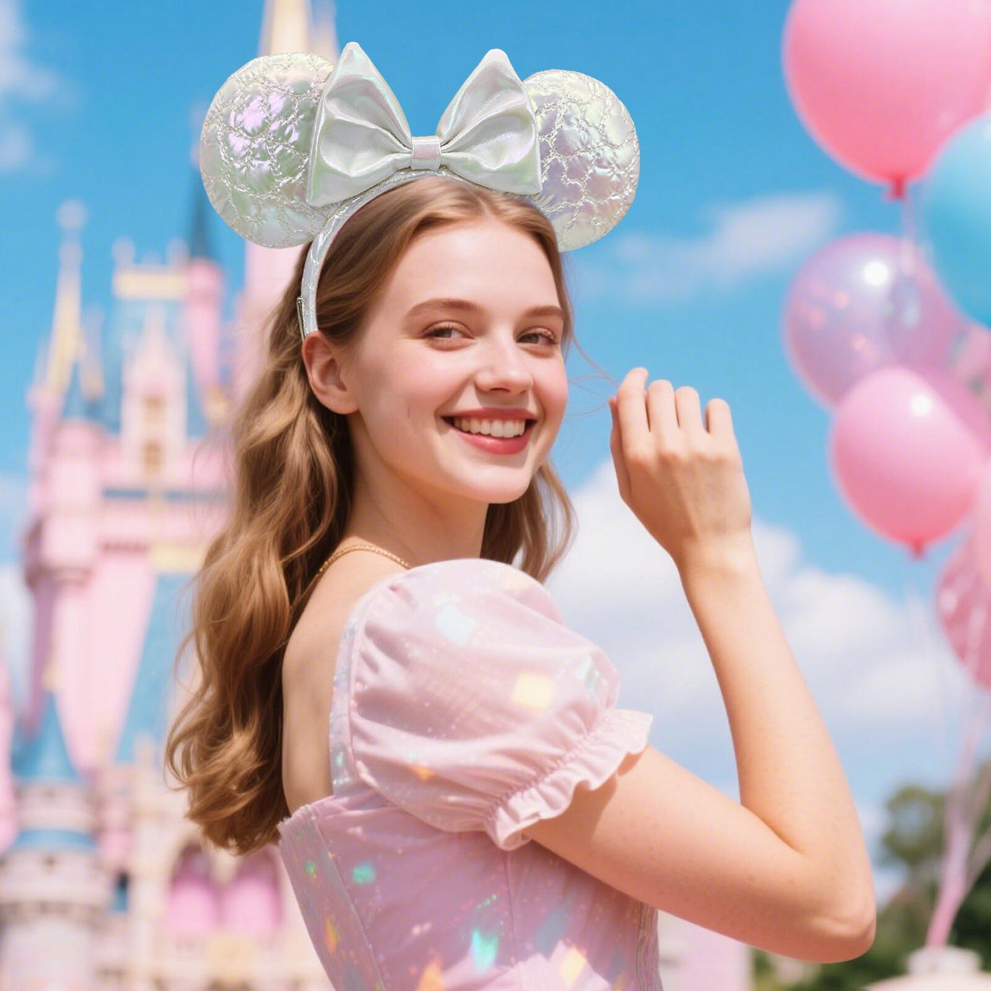 Disney Parks Icon White Quilted Iridescent Minnie Mouse Ears Bow Headband