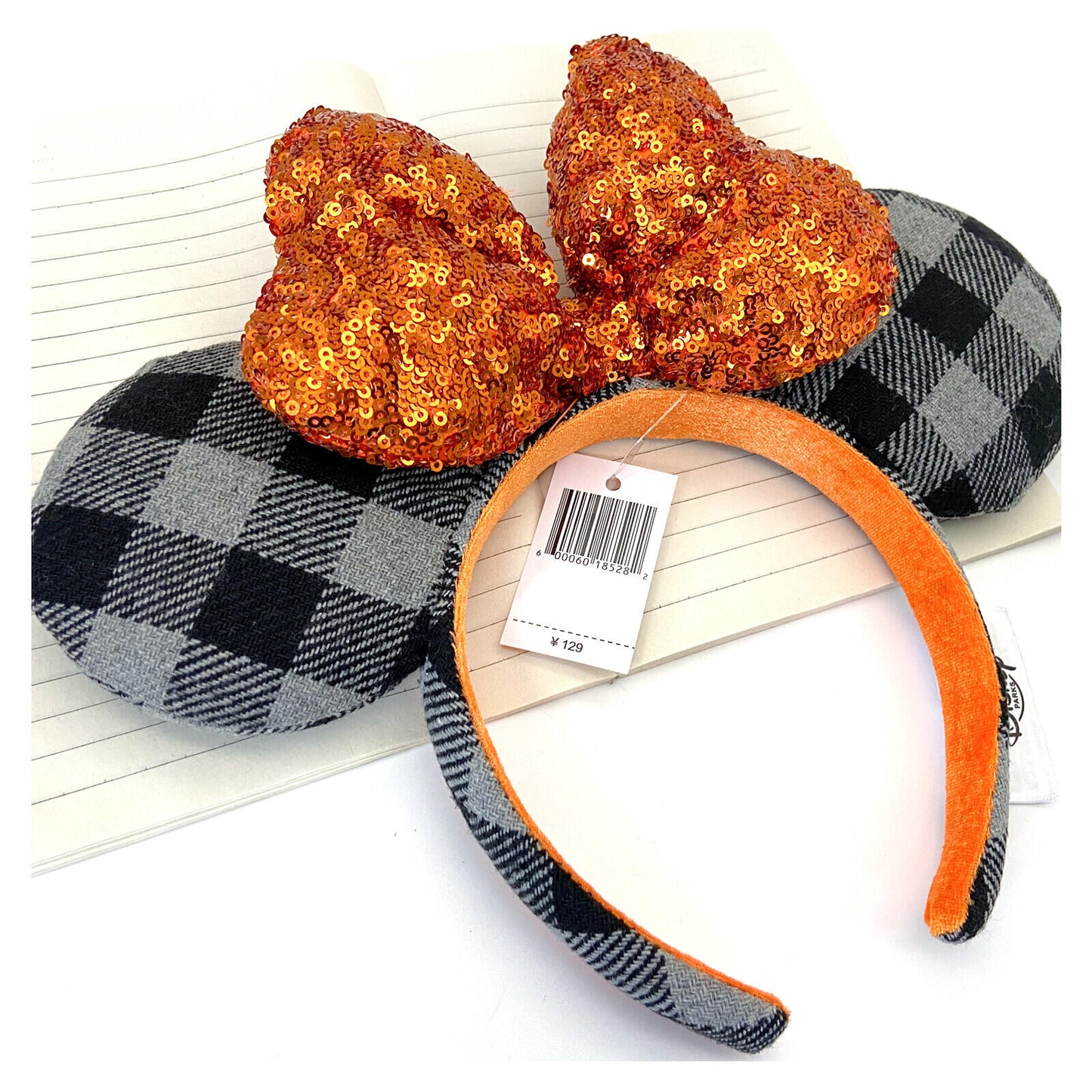 Autumn Minnie Mouse Ears Orange Bow Sequin Halloween Gray Plaid Headband 2026