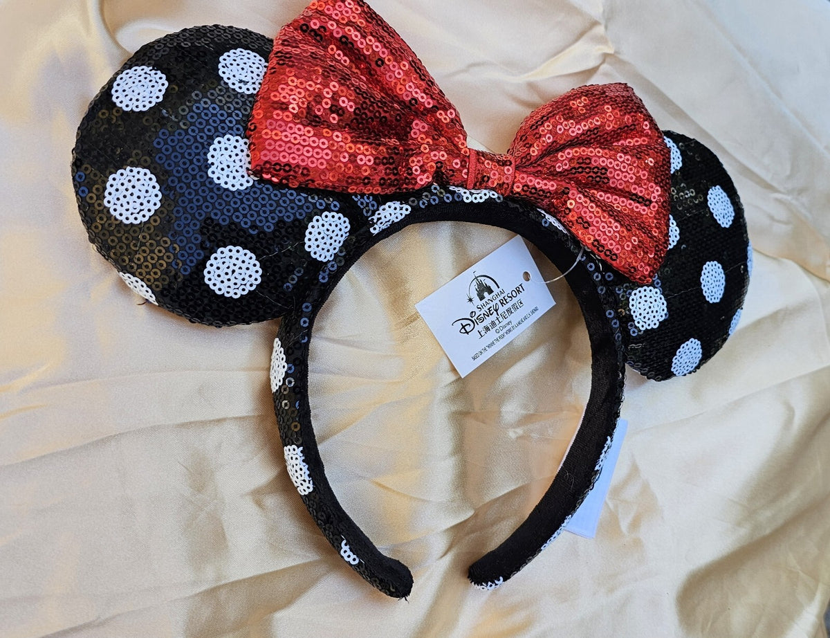 Classic Black polka Dot Minnie Ears Exclusive White Red Bow Headband