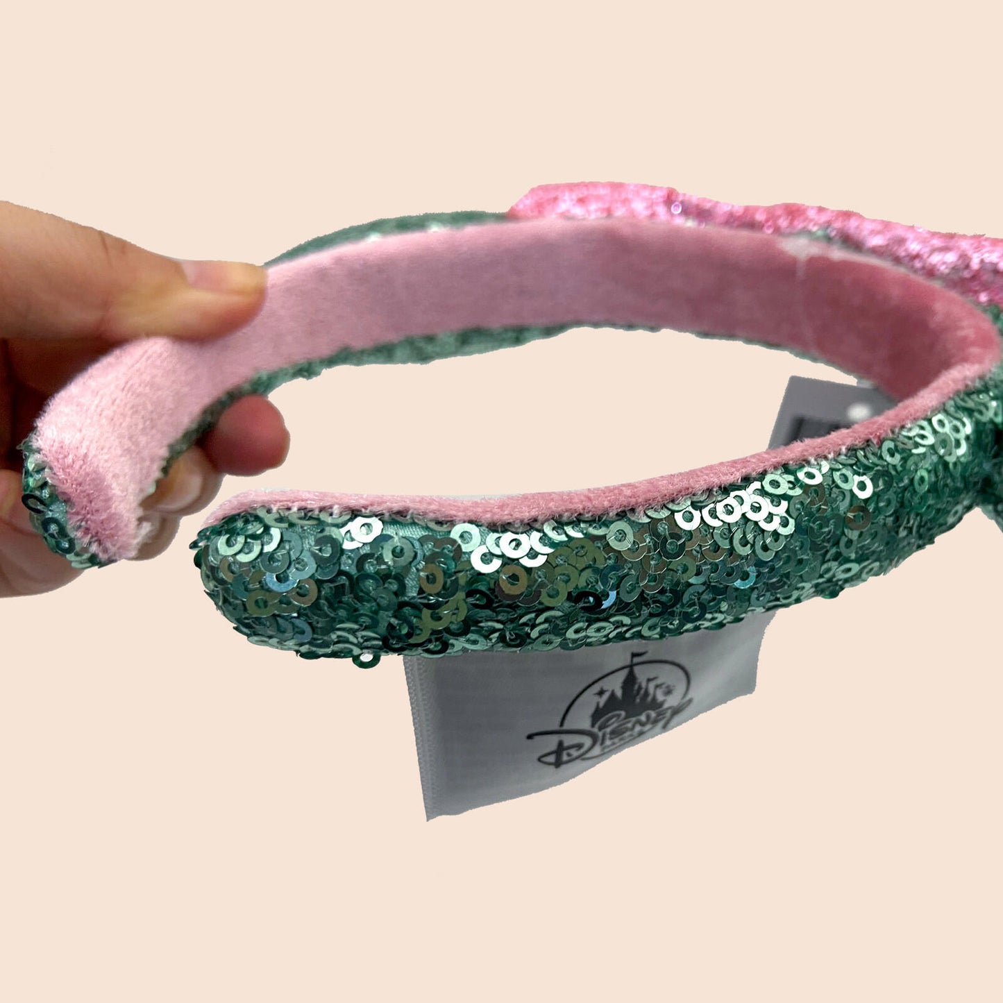 Pink Sugar Rush Bow Green Sequin Minnie Mouse Ears Glitter Headband