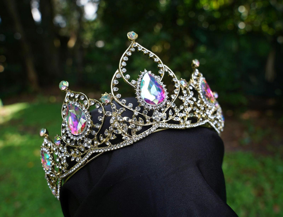Holographic Crystal Tiara Bridal Crown Birthday Wedding Gift Diadem Gold pink