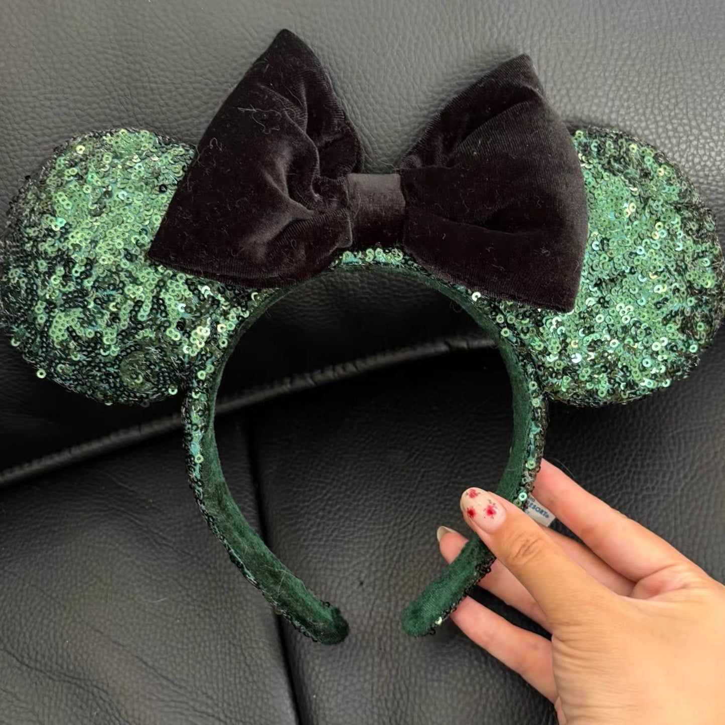 Disney Parks Green Sequins Exclusive Tokyo TDR Ears Headband Black Bow