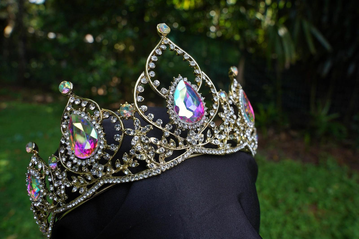 Holographic Crystal Tiara Bridal Crown Birthday Wedding Gift Diadem Gold pink