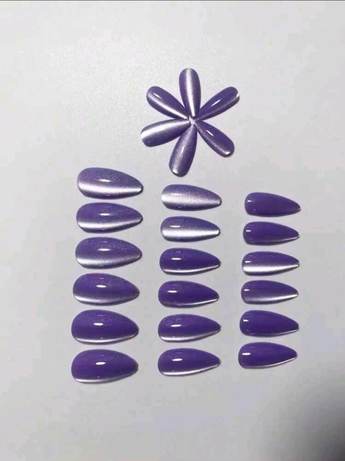 24 PURPLE GALAXY CAT EYE Press on nails kit with glue Medium almond gel mani