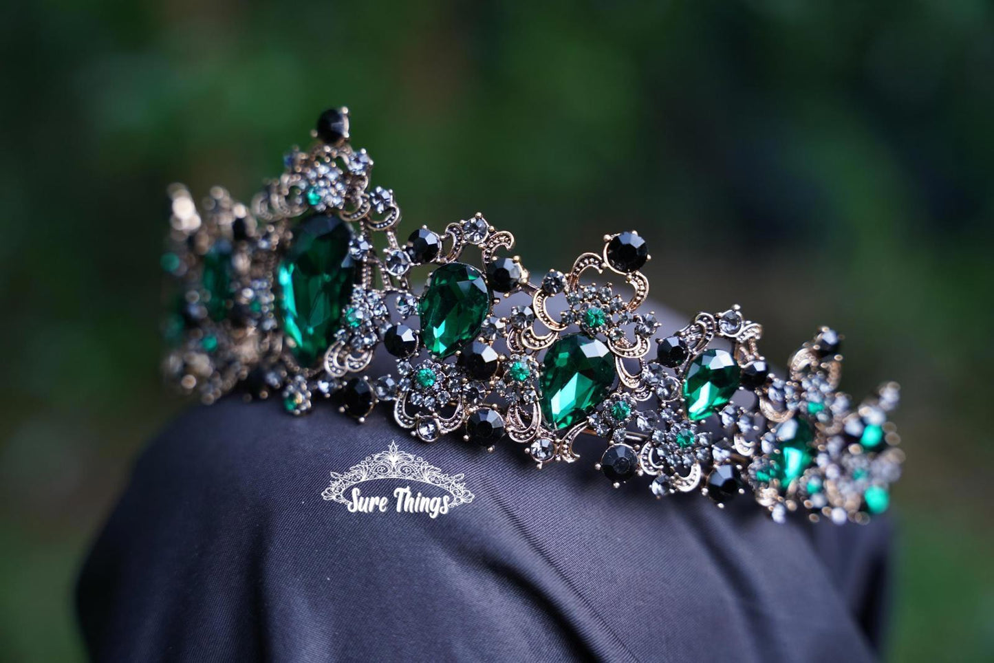 Sultry Vintage Emerald Green Crystal Tiara Bridal Goth Bronze Gift Diadem